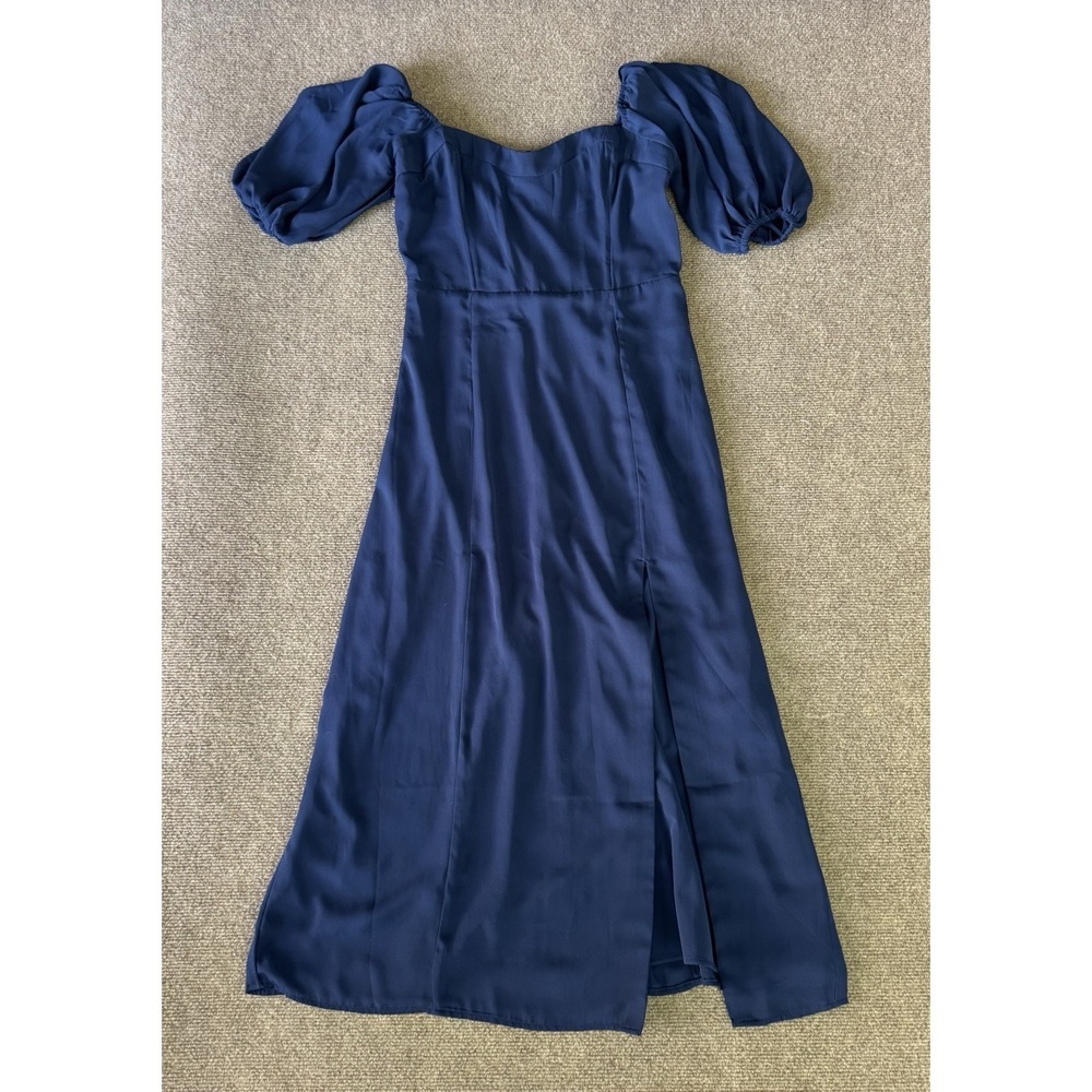 Abercrombie & Fitch Camille Puff-Sleeve Midi Dress Navy Blue Women's Medium - Picture 2 of 15